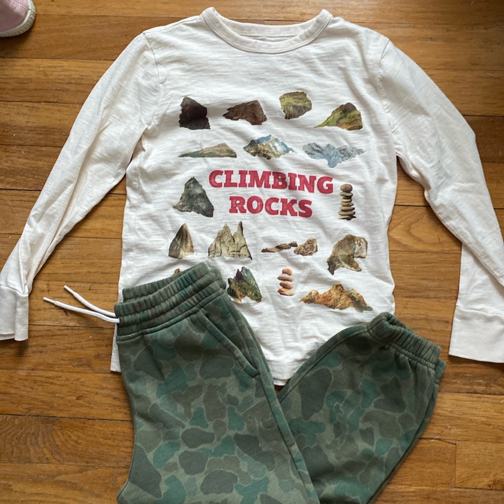 J Crew camo sweatpants and rock long sleeve tee size 6-7